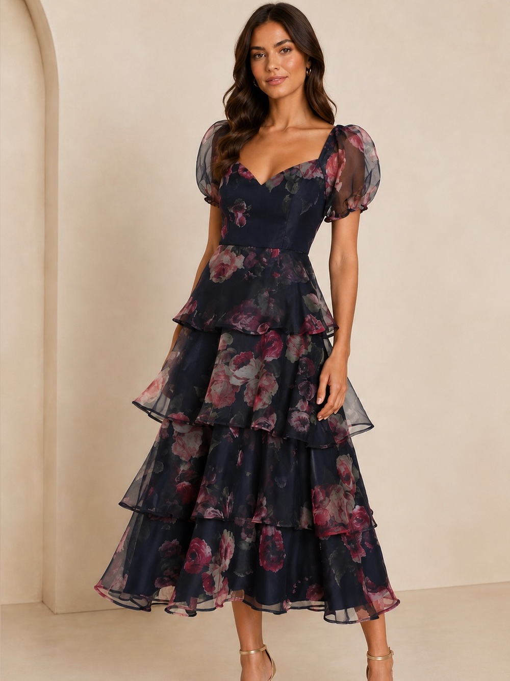 Lulus Oh-So Stunning Navy Blue Floral Organza Tiered Midi Dress